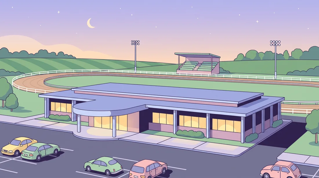Flat illustration of a low modern building at dusk with lit windows and a parking lot, a white-railed harness track and a small grandstand behind.