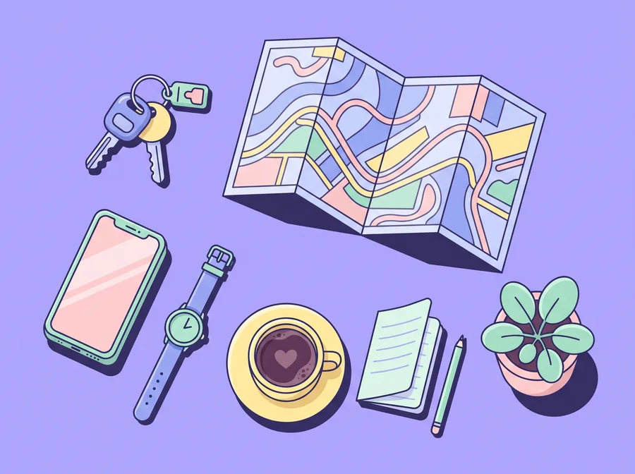 Flat illustration seen from above: car keys, a folded road map, a phone, a wristwatch, a cup of coffee and a small notebook on a lavender table.